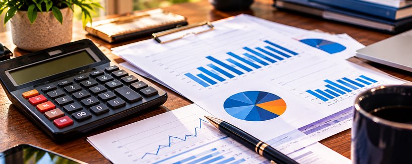 A calculator and budget charts on a desk