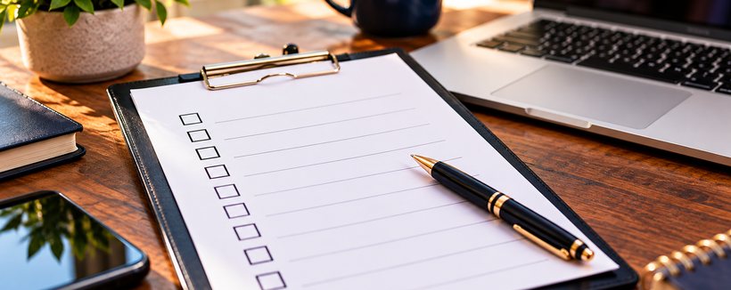 A blank checklist on a clipboard with a pen, beside a laptop