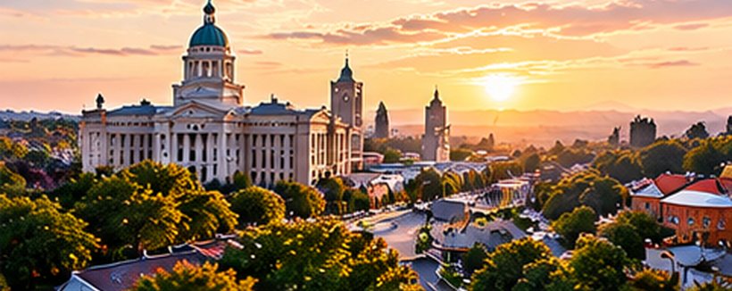 A state capitol and city skyline at sunset