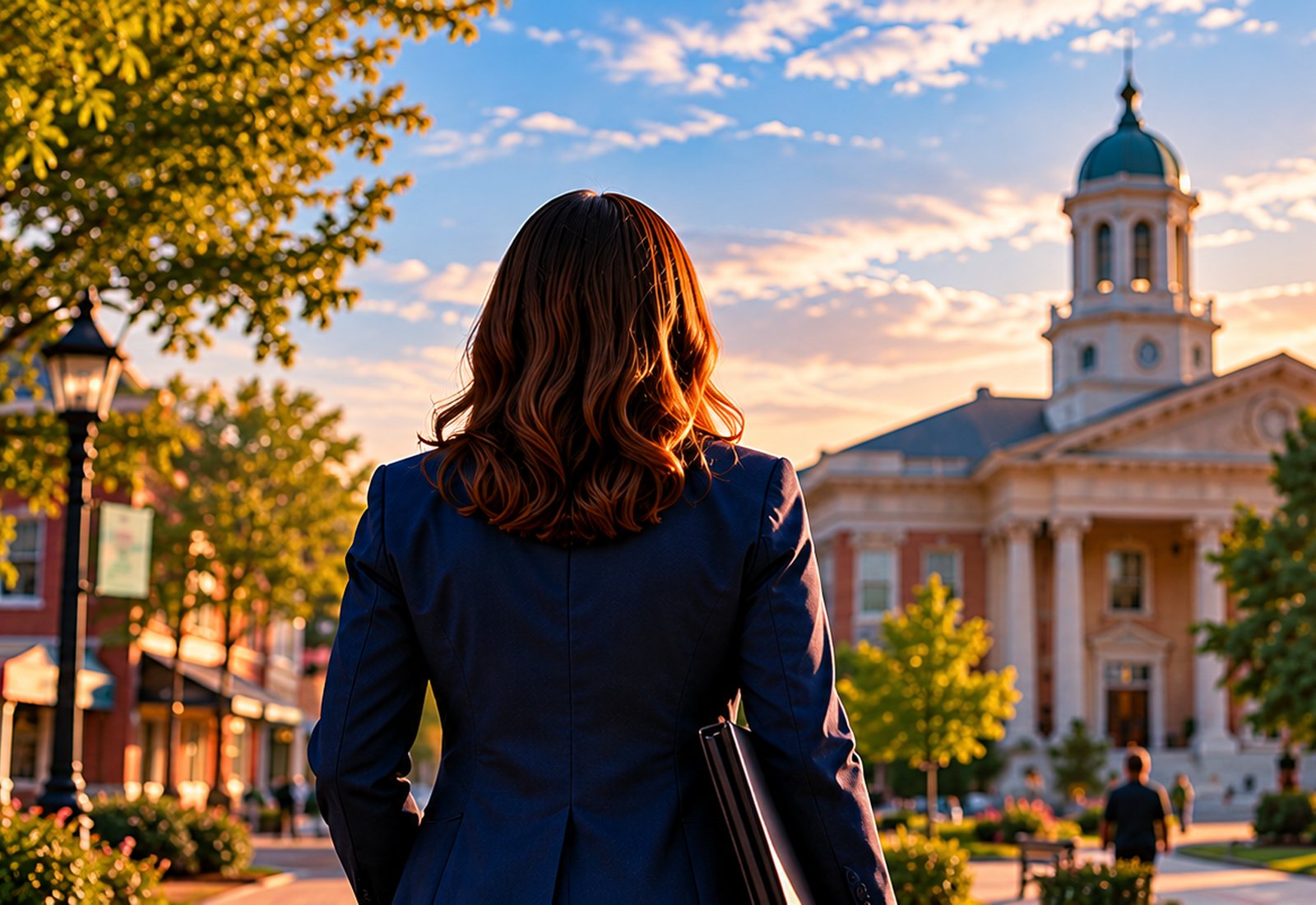 A woman in a navy suit walking toward a county courthouse at sunset
